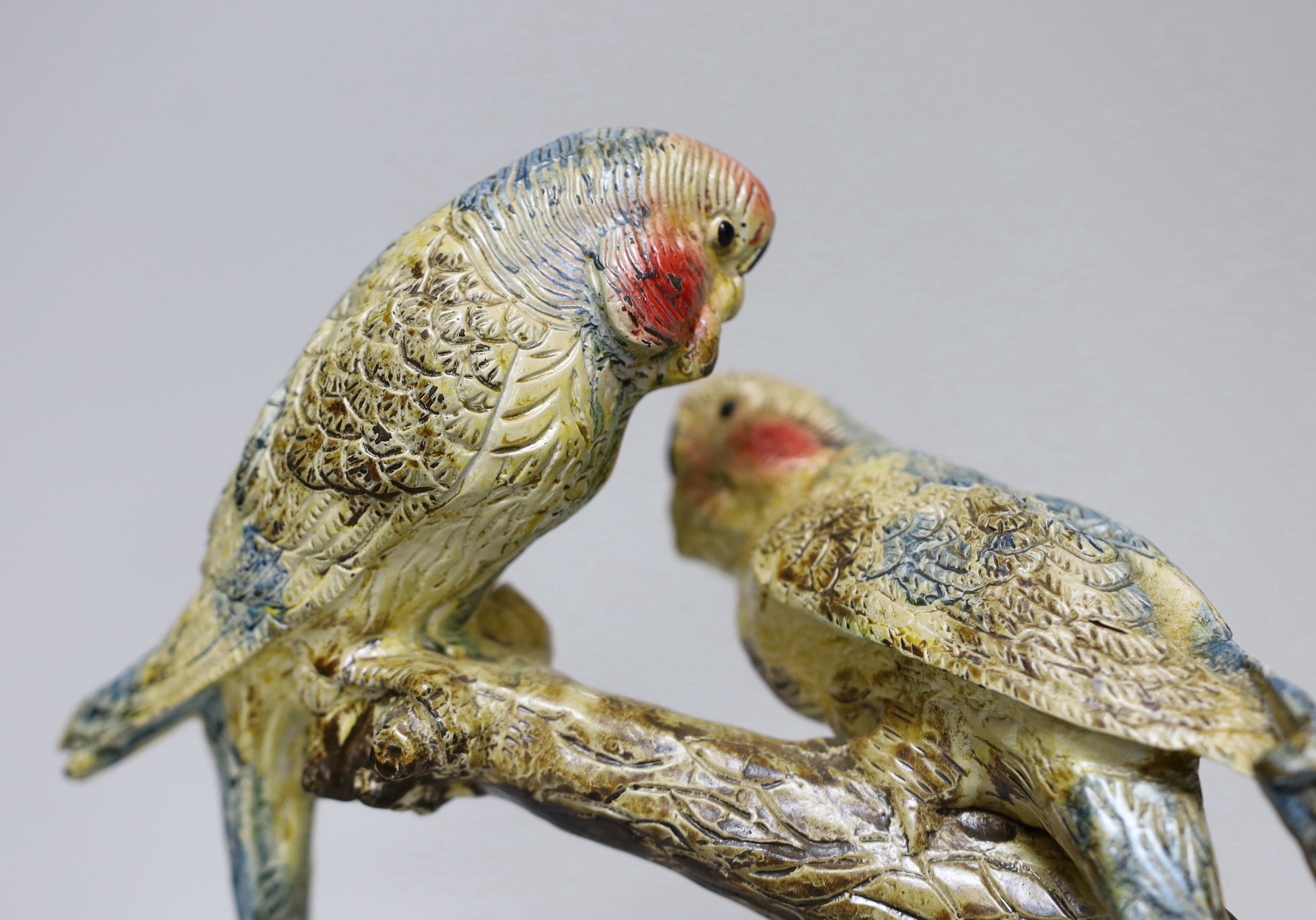 A Bergman style cold painted bronze budgerigar group, 25cm